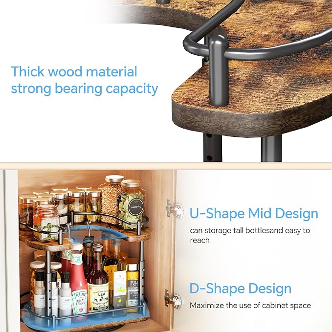 SNTD Lazy Susan Spice Rack Organizer for Cabinet, Wood, Vintage, 12 in | Rotating Turntable, Height Adjustable, Space-Saving D-Shape Design, Revolving Spice Storage for Kitchen Countertop Pantry - Image 8