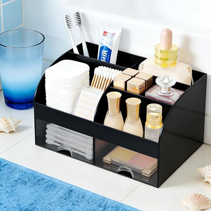 Makeup Organizer with 2 Drawers, Cosmetic Storage for Dresser Vanity and Bathroom Countertop,Make up organization and Skincare Storage with Beauty Brush Holder, Cosmetic Display Case (Black) - Image 2