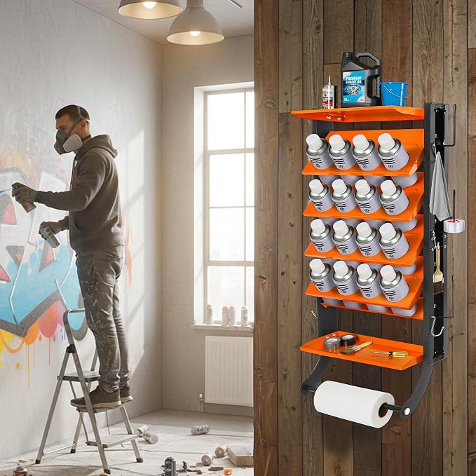 Sidasu Spray Paint Can Holder, 16-Can Heavy Duty Spray Can Organizer | Wall-Mounted, 4-Tier Design, With Paper Towel Rod, Powder-Coated Finish, Storage Rack For Garages and Workshops - Image 2
