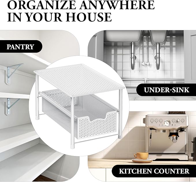 Simple Houseware Stackable Under Sink Sliding Basket Drawer, White | Perforated Free Standing Organizer, Kitchen/Pantry/Cabinet/Counter - Image 8