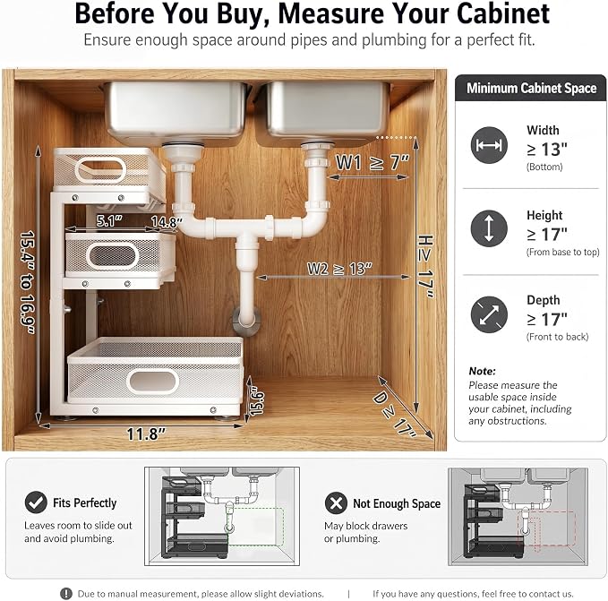 Under Sink Organizer, 3 Tier Pull Out Cabinet Organizer with 5 Adjustable Heights, Metal Under Sink Storage with Sliding Drawers for Kitchen, Bathroom, Pantry and Laundry Room, 2-Pack White - Image 2