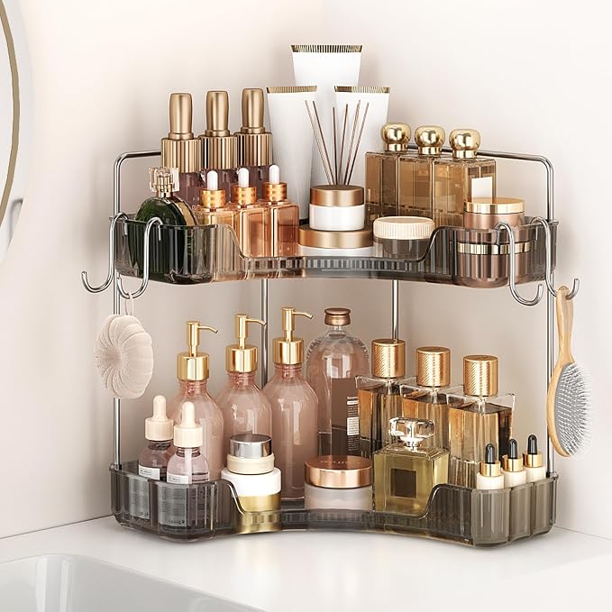 Corner Counter Organizer, 2-Tier Bathroom & Kitchen Storage Tray | Grey Vanity Organizer Storage Countertop with Hooks for Skincare, Makeup & Jewelry by Kinkota