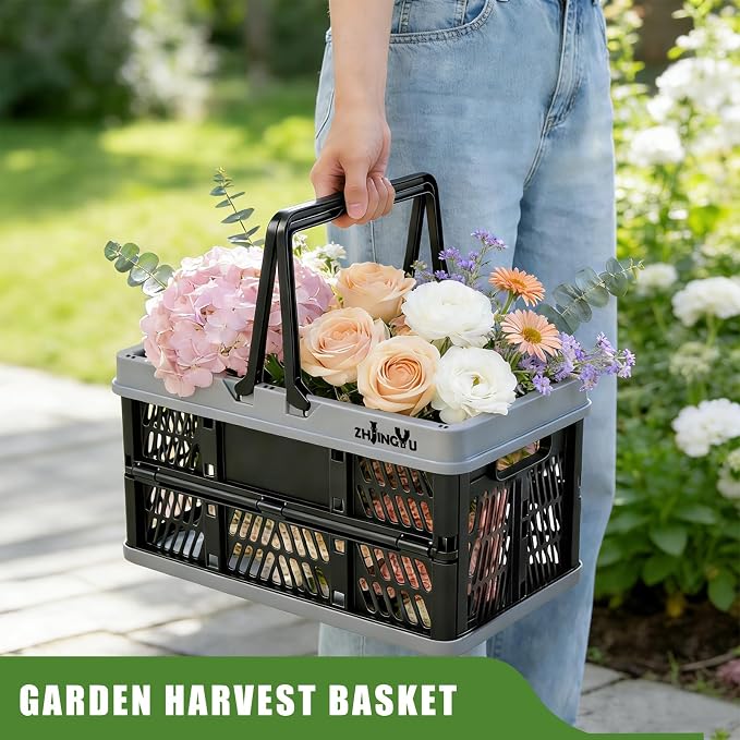 20L Plastic Basket with handles,2-pack Black Collapsible crates for storage | 14.96"x9.84"x7.87" foldable shopping basket ,foldable crate with Handles for car Classroom Kitchen Bathroom Medicine Milk - Image 5