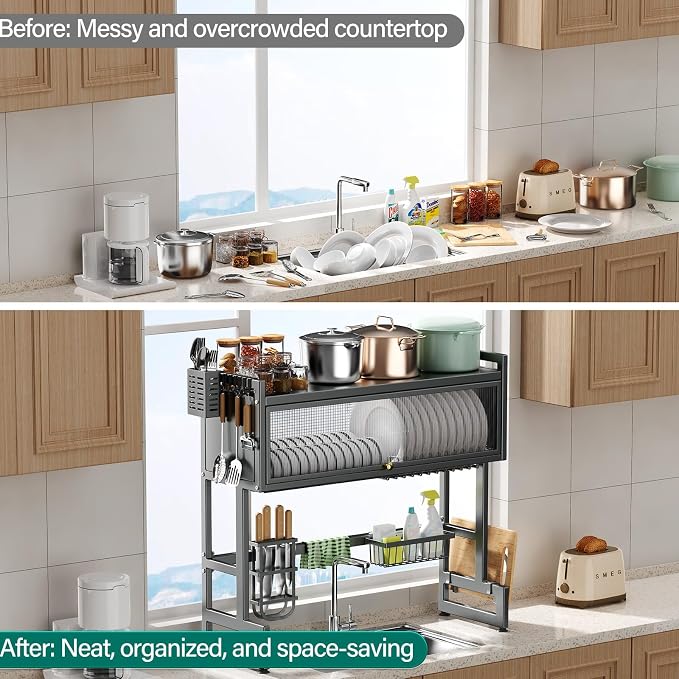 Over the Sink Dish Drying Rack 3 Tier with Dustproof Flip-Up Cover | Large Dish Drainer Storage Counter Organizer,Space-Saving Dish Rack for Dishes and Cutlery,Fits Sinks up to 32 Inches - Image 6