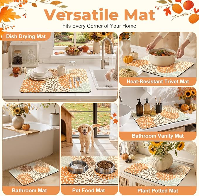 Findosom Fall Dish Drying Mat, 12" x 20" Super Absorbent Dish Mat with Floral, Hide Stain Drying Mat for Kitchen Counter, Under Dish Rack, Coffee Maker, Espresso Machine, Orange - Image 8
