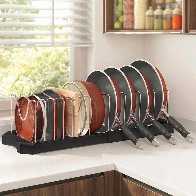 Expandable Pan Organizers Inside Cabinet with 12 Dividers Black | Extends 12.9-21.9", Holds cookie sheets, cutting boards, pot lids and pans, iron dividers, plastic base, under cabinet rack - Image 8