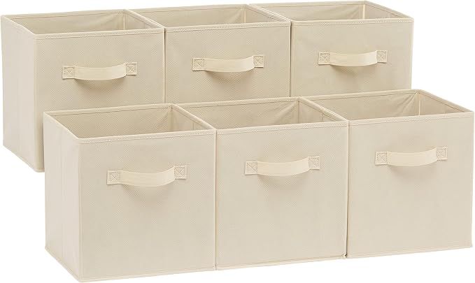 Amazon Basics Collapsible Fabric Storage Cubes Organizer with Handles, Sturdy Storage Bins for Organization, 10.5" x 10.5" x 11", Beige, 6 Count (Pack of 5) by AmazonBasics