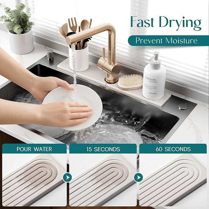 Faucet Mat for Kitchen Sink – Diatomite Stone Drying Mat & Sink Protectors, Prevent Moisture – Sink Splash Guard Water-Absorbing Stone Tray for Bathroom Counter (Light Grey, 23.6" x 3.9") - Image 3