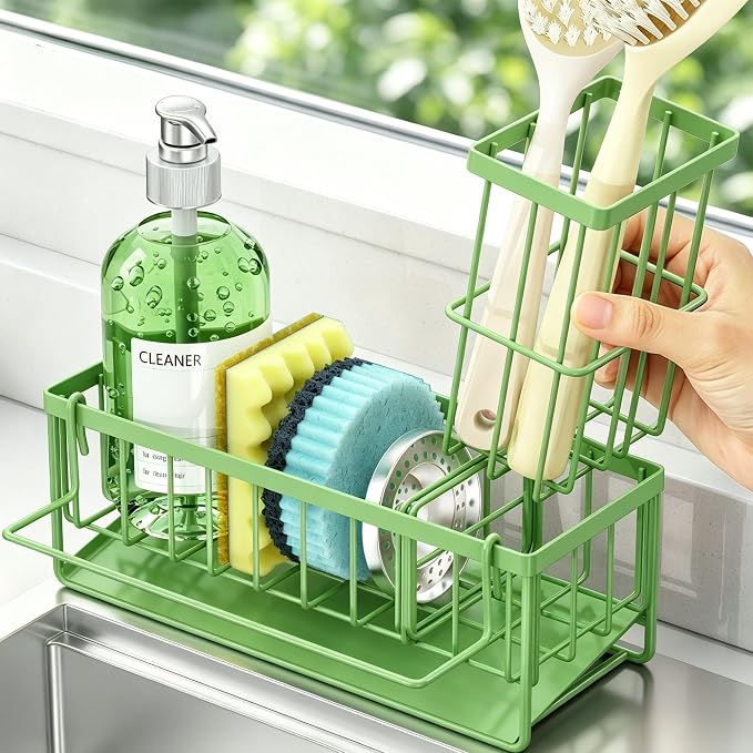Sponge Holder for Kitchen Sink, Kitchen Sink Caddy, Kitchen Sink Sponge Holder, Dish Sponge Holder, Kitchen Sink Organizer for Sponge, Dish Brush, Scrubber(9.65" x 3.74" x 6.3", Avocado) - Image 7
