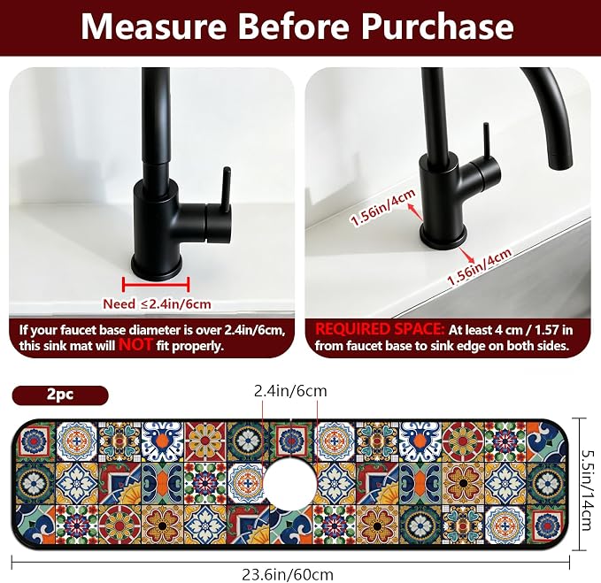 2 Pcs Kitchen Sink Splash Guard Faucet Mat Vintage Colored Flowers Pattern Faucet Mat for Sinks Absorbing Drying Mat for Kitchen Bathroom, 23.6x5.5inch - Image 2