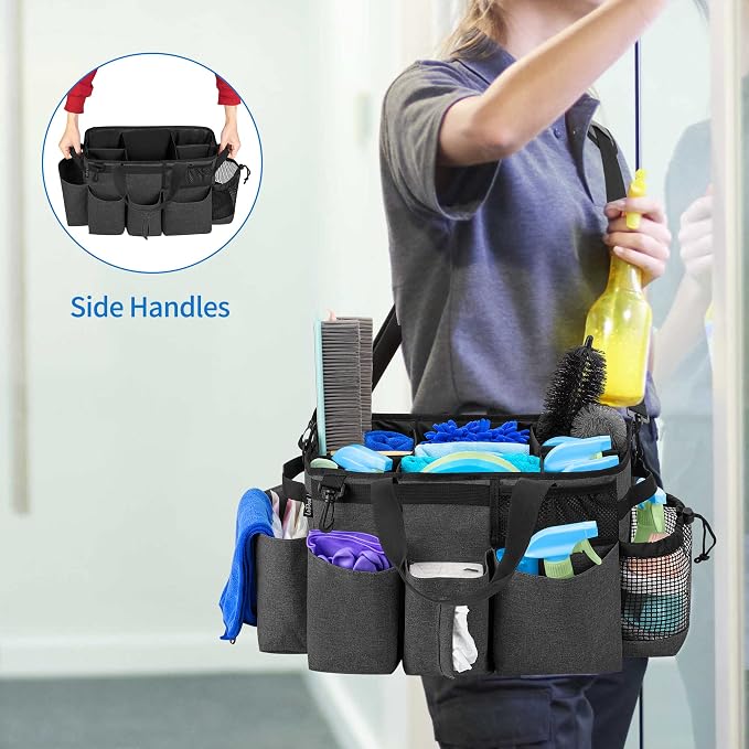 LoDrid Wearable Cleaning Caddy Bag with 4 Foldable Dividers, Black | Cleaning Supply Organizer with Shoulder Strap and Side Handles for Cleaners & Housekeepers - Image 5