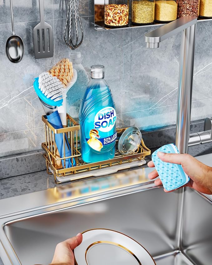 Consumest Sink Caddy, Kitchen Sponge Holder with Dish Brush Holder, Kitchen Sink Organizer with Drip Tray for Countertop, Stainless Steel Rustproof - Gold - Image 4