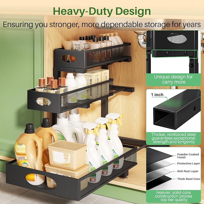 Kitstorack Under Sink Organizer 3-Tier Slide Out Drawer 1-Pack Black | Height Adjustable, Metal Mesh Storage Rack, Pull out Cabinet Organizer Shelf for Bathroom Kitchen Pantry Home Organization - Image 6