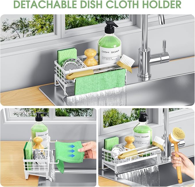 Kitchen Sink Caddy, Rustproof Self-Draining Sponge Holder, White | Metal Kitchen Caddy Sink Organizer, Detachable Dish Cloth Holder, Non-Slip Base, Kitchen Countertop Storage Accessories - Image 6