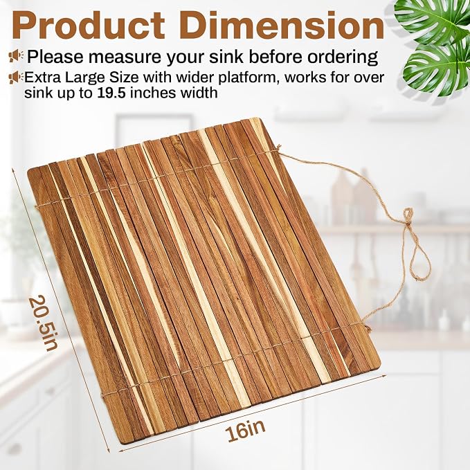 Wooden Dish Drying Rack, 20.5 x 16 Inch Roll up Kitchen Over Sink Dish Drying Rack for Dishes, Plates, Bowls, Wooden Cover Counter Space, Crack Resistant Drainer, Kitchen Supplies - Image 2