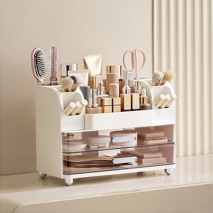 HBlife Makeup Organizer for Vanity with Brush Holder, Large Bathroom Countertop Cosmetic Organizer Skin Care Storage, Easy to Store Lipsticks, Nail Polishes, Perfumes, Eyeshadow Palettes, White - Image 5