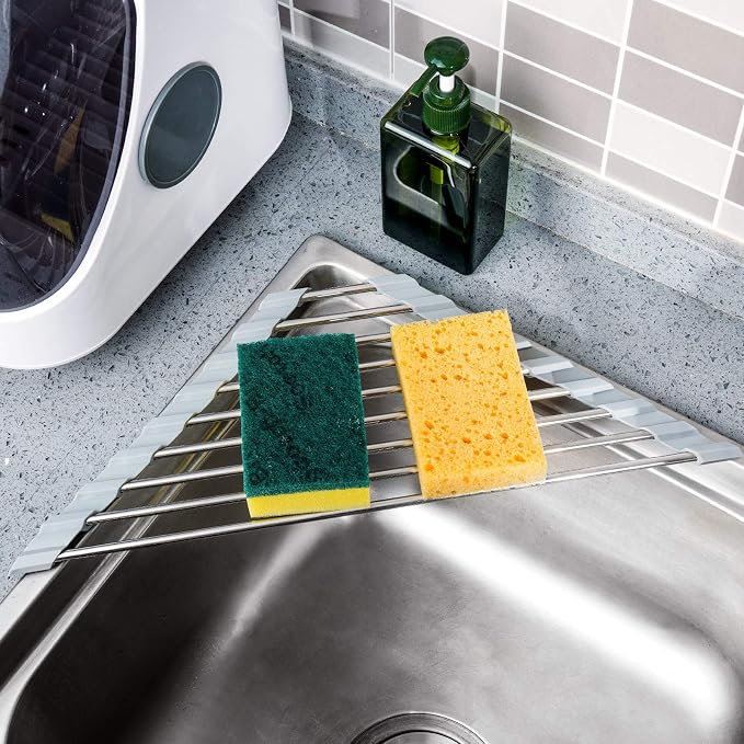 Tomorotec Triangle Roll-Up Dish Drying Rack for Sink Corner Small Foldable Stainless Steel Over The Sink Multipurpose Kitchen Drainer Caddy Organizer Storage Space Saver Shelf Holder (Gray) | BPA-Free Food-Grade Silicone Edges Foldable Waterproof Rustp... - Image 8