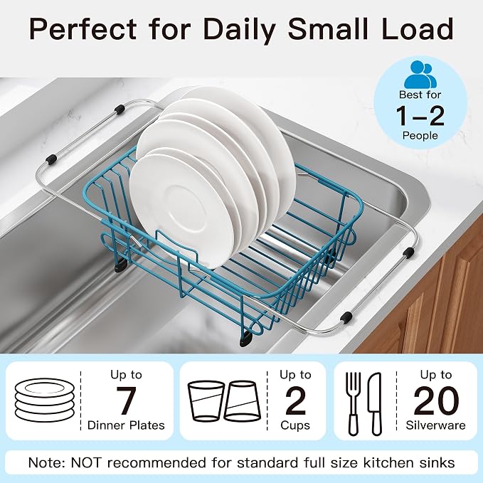 JASIWAY Blue Dish Drying Rack in Sink with Utensil Holder, RV, Apartment | Over Sink Expandable Stainless Steel Dish Drainers for Compact Kitchen, Space Saving, Fast Drain, Rustproof, For 1-2 people - Image 5