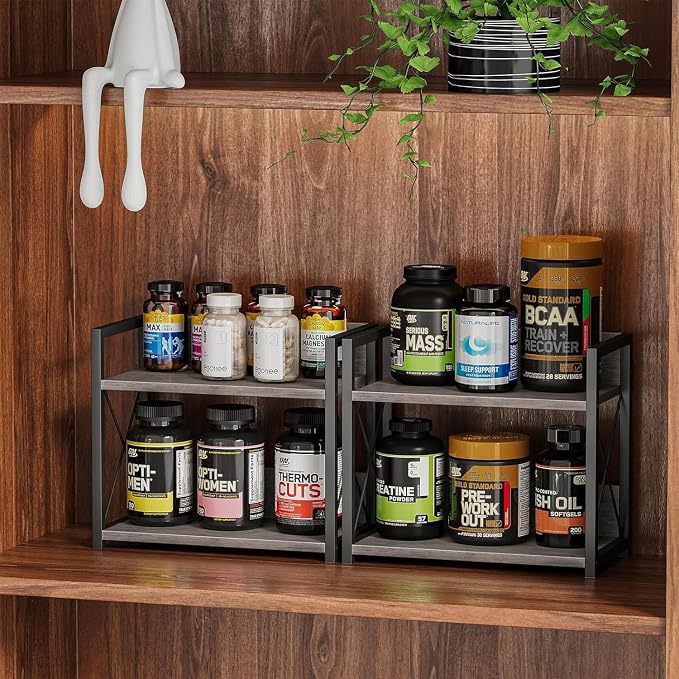 Giikin Countertop Shelf Organizer, 2 Tier Kitchen Spice Rack for Countertop, Wood Kitchen Counter Shelf for Home, Coffee Station Organizer (Grey,S) - Image 3
