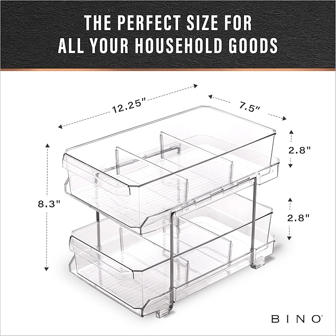 BINO 2 Tier Clear Storage Organizer with Dividers | Slide Out Drawer for Under Sink or Medicine Cabinet | Bathroom Closet, Vanity, Pantry Organizer | Under Cabinet Storage for Bathroom and Kitchen - Image 2
