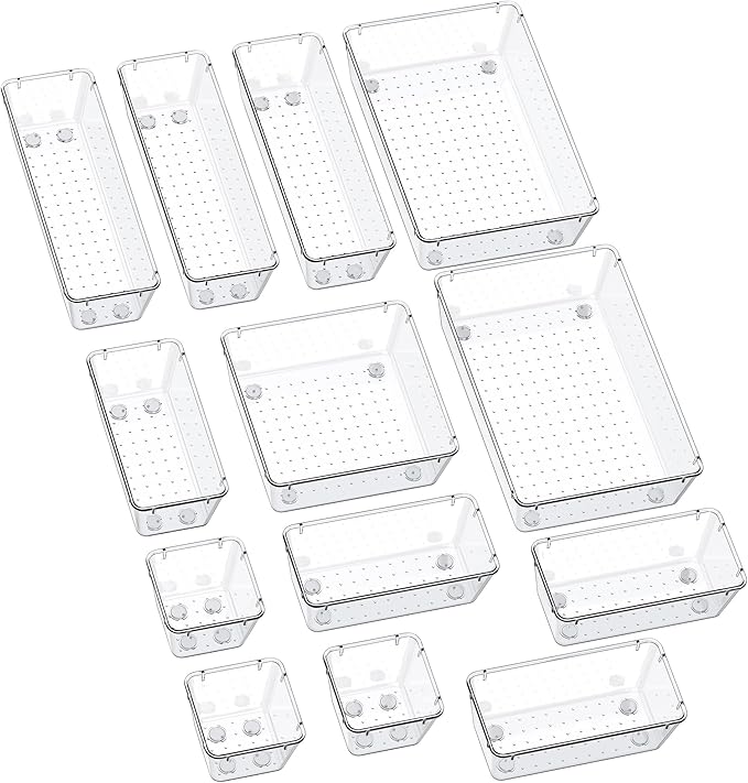 SMARTAKE 13-Piece Drawer Organizers with Non-Slip Silicone Pads, 5-Size | Clear Desk Bathroom Drawer Organizer Trays Storage Tray for Makeup, Jewelry, Utensils in Bedroom Dresser, Office and Kitchen by SMARTAKE