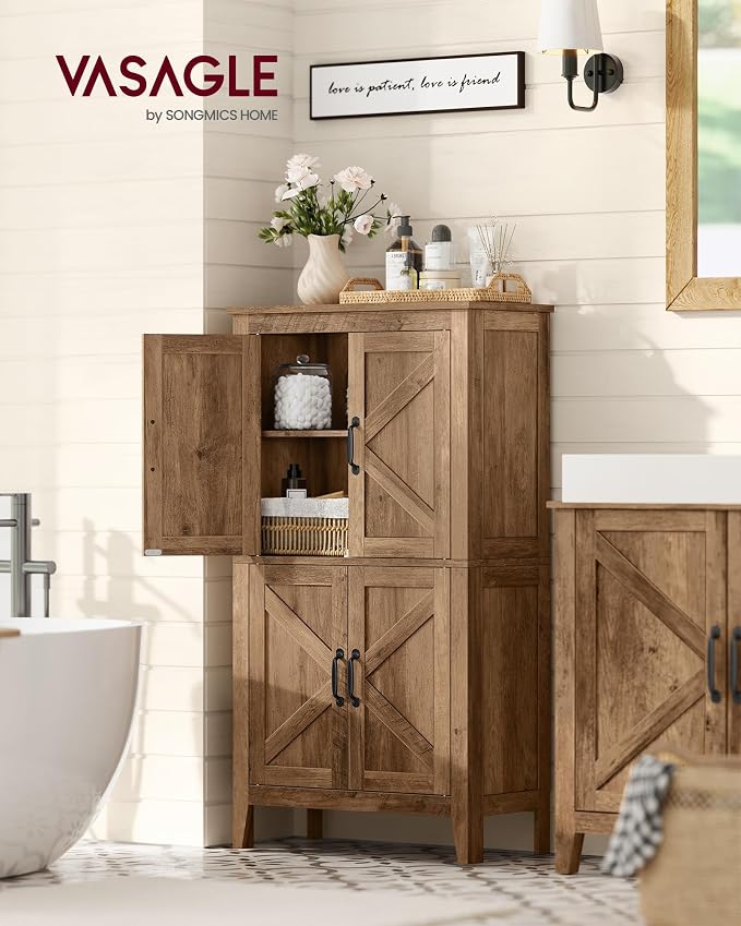 VASAGLE LIRY Collection - Farmhouse Storage Cabinet, Bathroom Floor Cabinet with Barn Doors, Freestanding Kitchen Pantry, Adjustable Shelves, for Dining Room, Living Room, Honey Brown, UBBK773K01 - Image 2