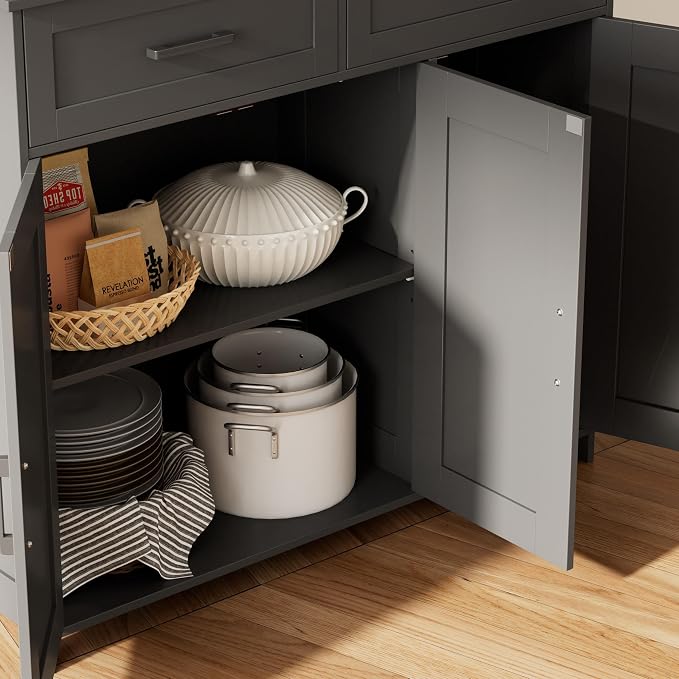 Homhedy Coffee Bar Storage Cabinet with Drawers, Kitchen Buffet Cabinet | Sideboard Cabinet with Doors, Farmhouse Buffet Cabinet, Adjustable Shelves, for Kitchen / Dining / Living Room, Black - Image 9