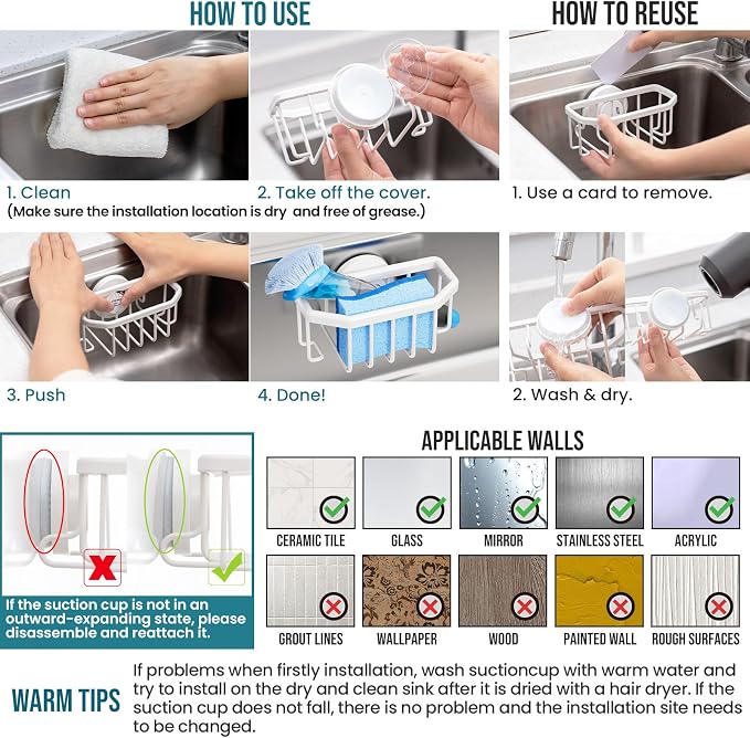TAILI Sink Caddy with Strong Suction Cup, Sponge Holder for Sink-White | for Kitchen Sink Organizer, Removable Sponge Caddy Inside Sink, Rustproof Aluminum Holder for Sponges, Brushes, Scrubber - Image 7