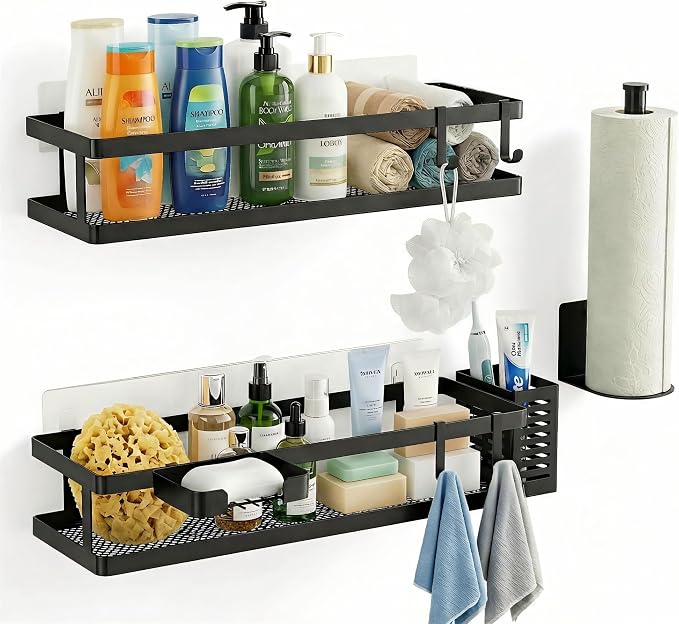 PUSDON 5-in-1 16.5" Extra Long Kitchen Organizer & Shower Caddy Set, Wall Mount Spice Rack with Paper Towel Holder, Utensil Holder & Soap Dish, Rustproof Mesh - Matte Black, Guardrail - Image 3