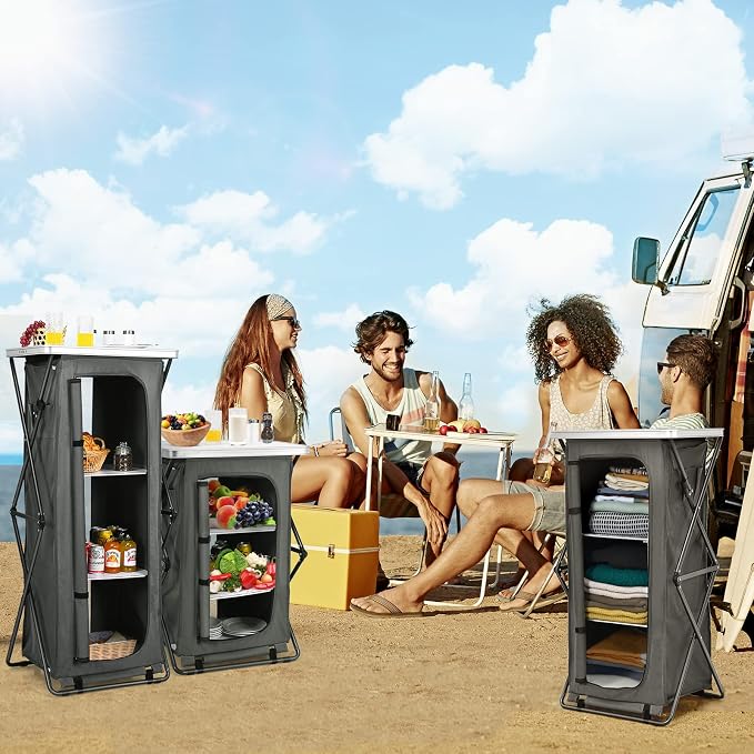 GIANTEX Folding Camping Storage Cabinet with 3 Shelves and Carry Bag, Portable Outdoor Organizer Kitchen Table, Quick Set-up for BBQ, Picnic, Backyard, Compact Pop-Up Cupboard, 47''H - Image 4