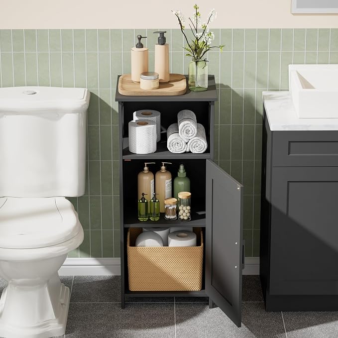 Homhedy Farmhouse Bathroom Storage Cabinet with Doors, Small Floor Cabinet | Toilet Paper Cabinet with Adjustable Shelf, Freestanding Storage Cabinet for Kitchen/Laundry/Living Room, 14"W, Black - Image 3