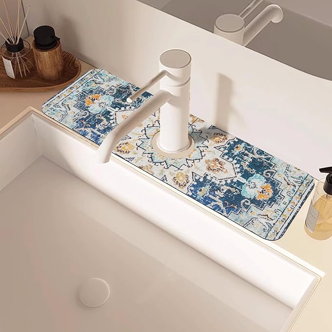 Oriental Blue Turkish Carpet Pattern Sink Faucet Absorbing Mat Sink Splash Guard Faucet Mat Draining Mat Fast Drying Sink Protectors for Kitchen and Bathroom 5.5"×15" - Image 2