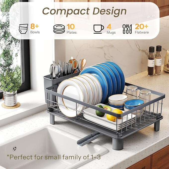 SNTD Dish Drying Rack for Small Kitchen Counter, 11" W x 15" L, Grey | Space Saving, Rotating Spout & Angled Drainboard for Quick Drainage, Stainless Steel, Removable Utensil Holder - Image 3