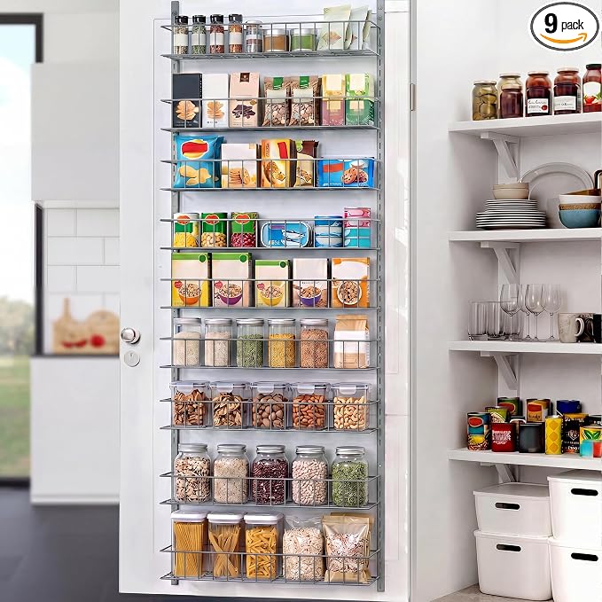 ElegantArray 9-Tier Pantry Door Organizer, Light Gray | Over The Door Pantry Organizer Rack and Storage, Hanging Spice Rack Shelves Door, Home Office Laundry Room Bathroom & Kitchen by Unknown