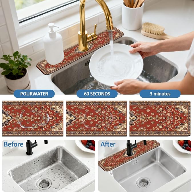 2 Pcs Kitchen Sink Splash Guard Faucet Mat Retro Red Bohemian Pattern Faucet Mat for Sinks Flower Absorbing Drying Mats for Kitchen Bathroom - Image 5