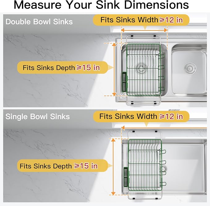 JASIWAY Green Dish Drying Rack in Sink, Dish Drainer with Utensil Holder | Over The Sink Expandable Stainless Steel Strainer Dryer Rack for Small Kitchen, Counter Space Saving, Fast Drain, Rustproof - Image 3