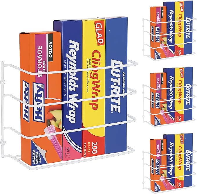 Evelots Kitchen Wrap & Food Bag Organizer Wall/Cabinet Mount, 4-Pack, White | Four baskets mount inside a cabinet or on a wall to keep foil, plastic wrap and food bags organized, saving counter space. by Evelots