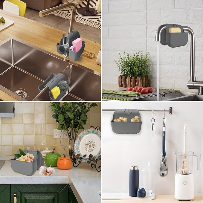 Sponge Holder for Kitchen Sink, Silicone Sink Saddle Caddy Organizer Rack, Sponges Holder Over Faucet, Hanging Kitchen Organizer Accessories Rack Basket Dark Gray - Image 6