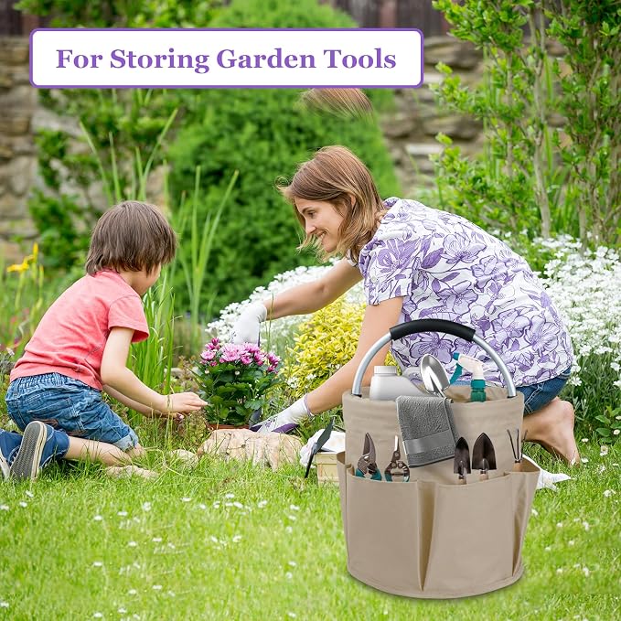 17L Cleaning Supply Caddy with Soft Handle, Portable Shower Caddy in 600D Oxford Fabric, Garden Tool Organizer Bag, Multifunctional Storage Basket for Bathroom, Garden, Khaki - Image 9