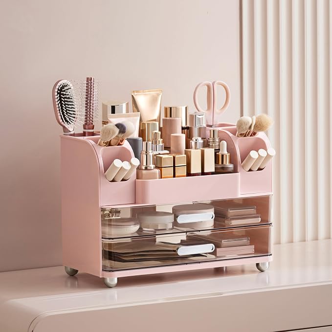 HBlife Makeup Organizer for Vanity with Brush Holder, Large Bathroom Countertop Cosmetic Organizer Skin Care Storage, Easy to Store Lipsticks, Nail Polishes, Perfumes, Eyeshadow Palettes, Pink - Image 5