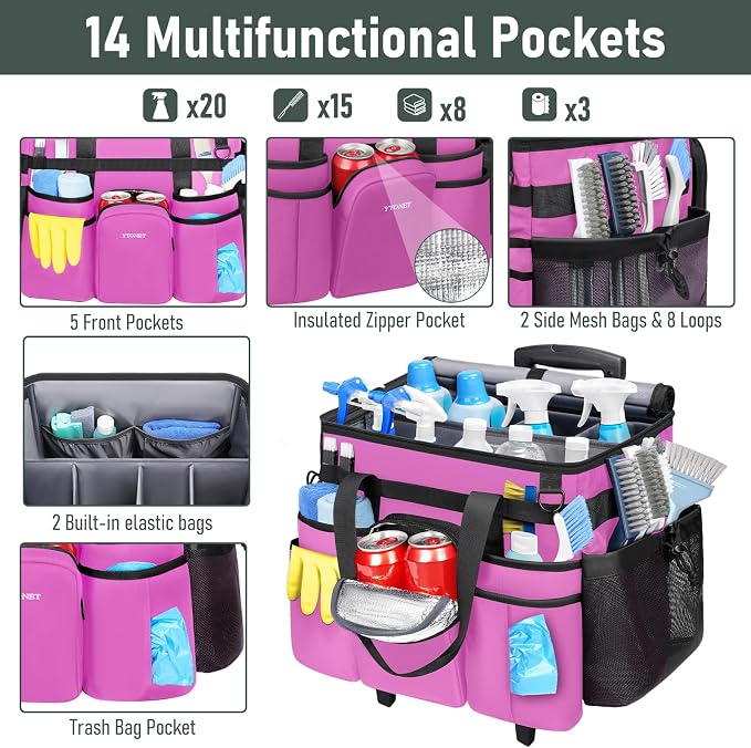 Ytonet Large Cleaning Caddy with Wheels, Cleaning Supplies Organizer | Multiple Storage Pockets Caddy with Wheels, Water Resistant Rolling Tool Caddy for Home, Car, Tool Organizer, Mobile Storage - Image 3