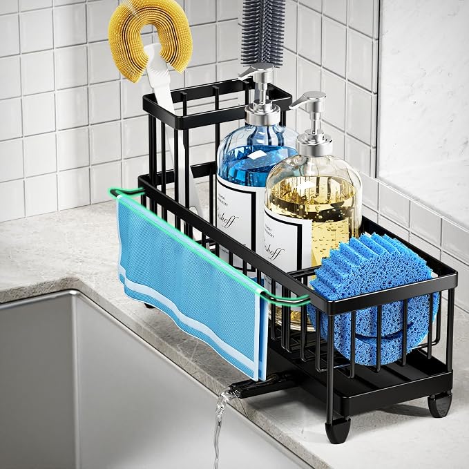 Moforoco Larger Version Sponge Holder for Kitchen Sink, Sink Caddy with High Brush Holder, Kitchen Sink Organizer Countertop Rustproof 304 Stainless Steel (Black with Towel Rack) - Image 2