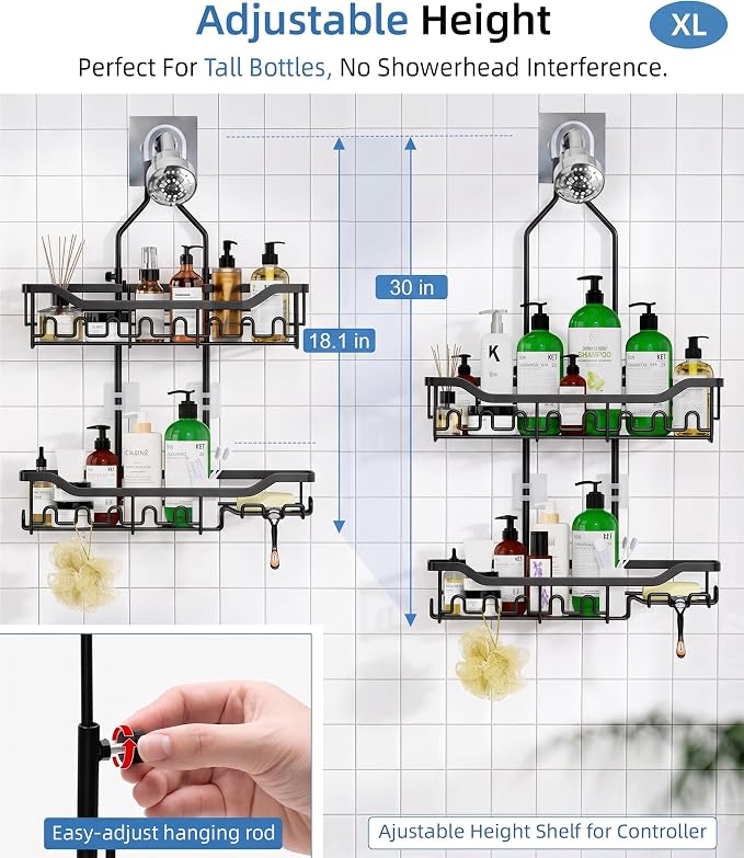 Shower Caddy Hanging Organizer, Extra Large Rack Over Showerhead with Hooks, Adjustable Height Shower Caddy for Big Shampoo Bottle, Black - Image 3