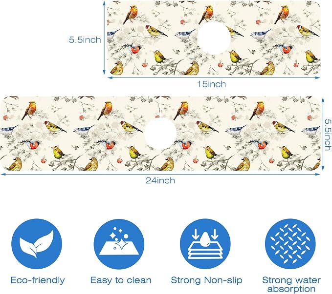 Vintage Watercolor Birds Dish Drying Mat for Kitchen Sink Splash Guard Behind Faucet Sink Mat Absorbent Fast Drying Faucet Draining Mat for Bathroom Kitchen 5.5"×15" - Image 3