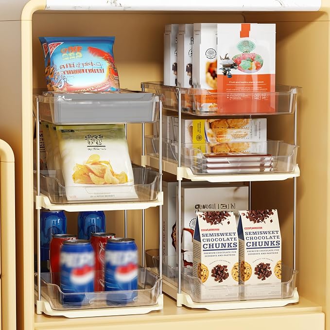 Delamu 2 Pack 3-Tier Bathroom Under Sink Organizers and Storage, Multi-Purpose Stackable Pantry Organization and Storage, Pull Out Clear Kitchen Bathroom Cabinet Organizer with Movable Dividers, Beige - Image 9