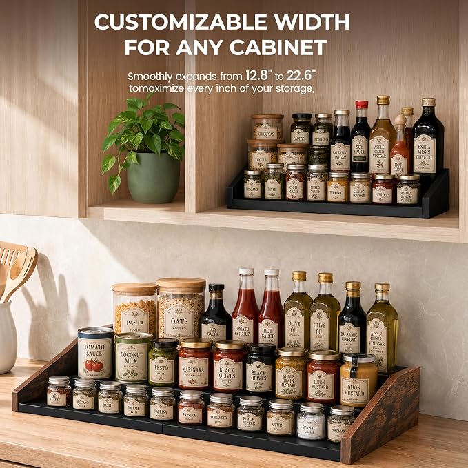 3-Tier Expandable Spice Rack Organizer, 12.8-22.6 in, Rustic Brown | Adjustable, Countertop Stepped wood & iron Seasoning Organizer, Shelf for kitchen Cabinet Pantry Jars Bottles Syrup - Image 3