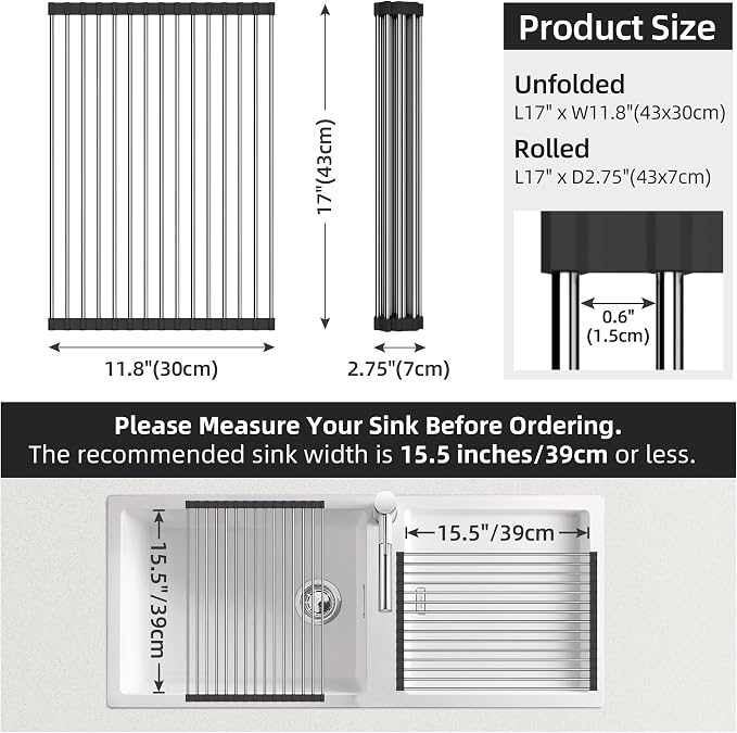 Roll Up Dish Drying Rack, Over Sink Dish Drying Rack, 17" L x 11.8" W, Black - Image 4
