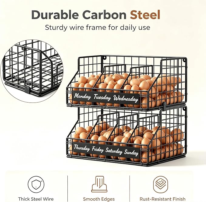 Egg Holder Countertop, Large 2T Chicken Egg Basket for Gathering Fresh Eggs | Egg Storage Organizer with Adjustable 5 Divider & Label, Stackable Wall Mounted Egg Collecting Basket Rack, XXL Black - Image 5