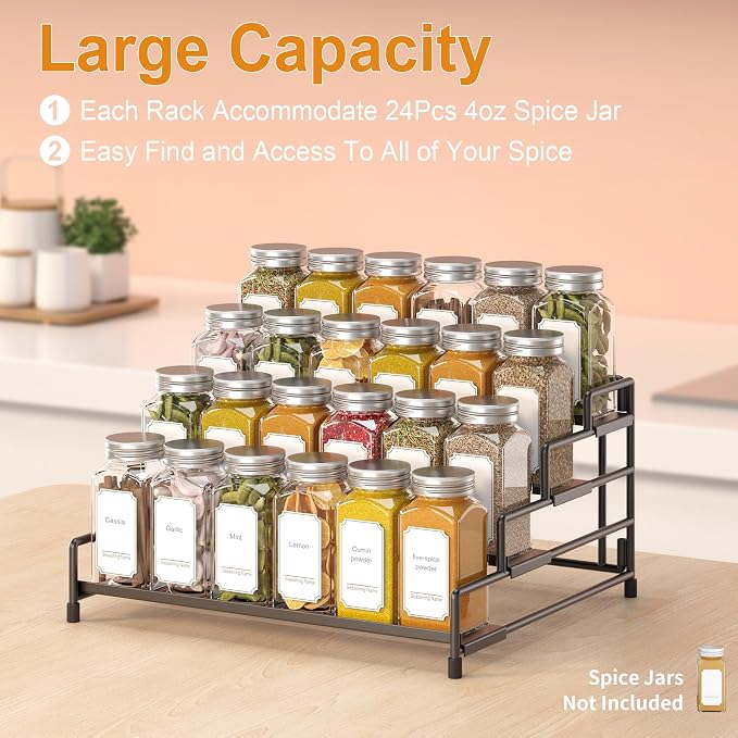 RUILALIFE 4-Tier-Spice-Rack-Organizer-for-Cabinet, Adjustable Depth Spice Holder Shelf For Countertop Pantry Cupboard, Metal Tiered Seasoning Organizer,Display Shelf Riser (Black-1 Pack) - Image 4