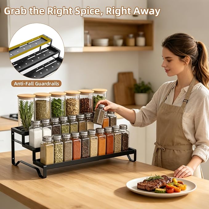 Expandable Spice Rack Organizer for Cabinet 3 Tier Spicy Shelf Black 1Pack | Adjustable Length 13"-21", Easy to See Labels, Sturdy Metal, Slip-Resistant Guardrails for Jars, Cabinet & Countertop Storage - Image 3